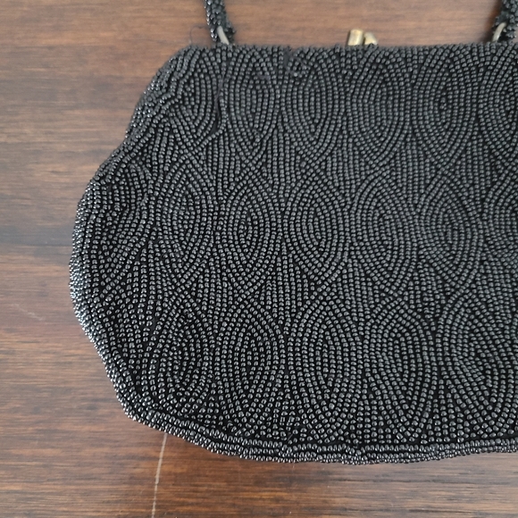 VTG Bloomingdale's Art Deco Black Beaded Kissing Clasp Mini Evening Handbag - Picture 5 of 12